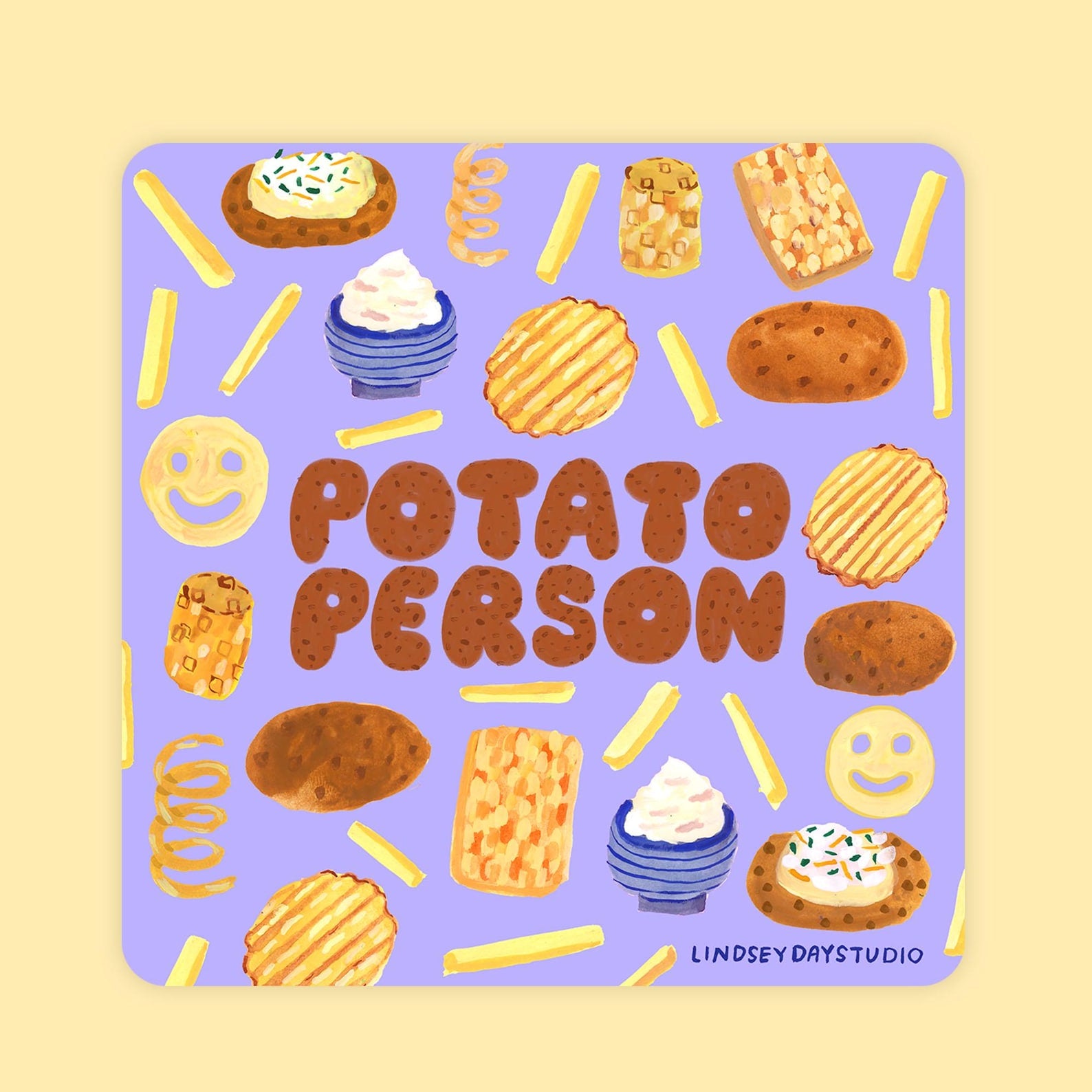 square periwinkle sticker with lots of potatoes. Chunky letters say "potato person".
