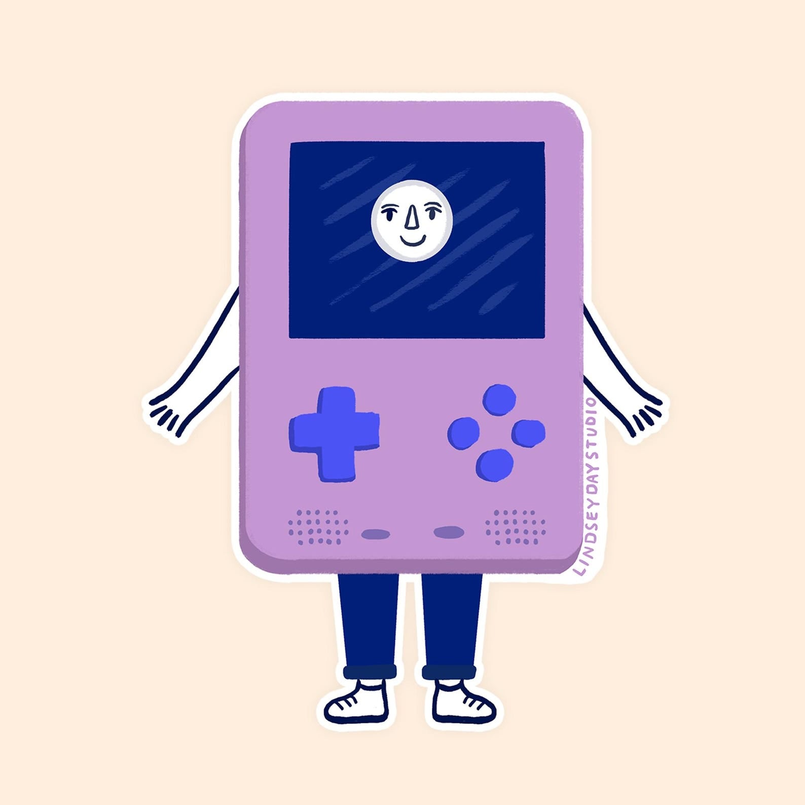 Purple game controller with a face, arms and legs.