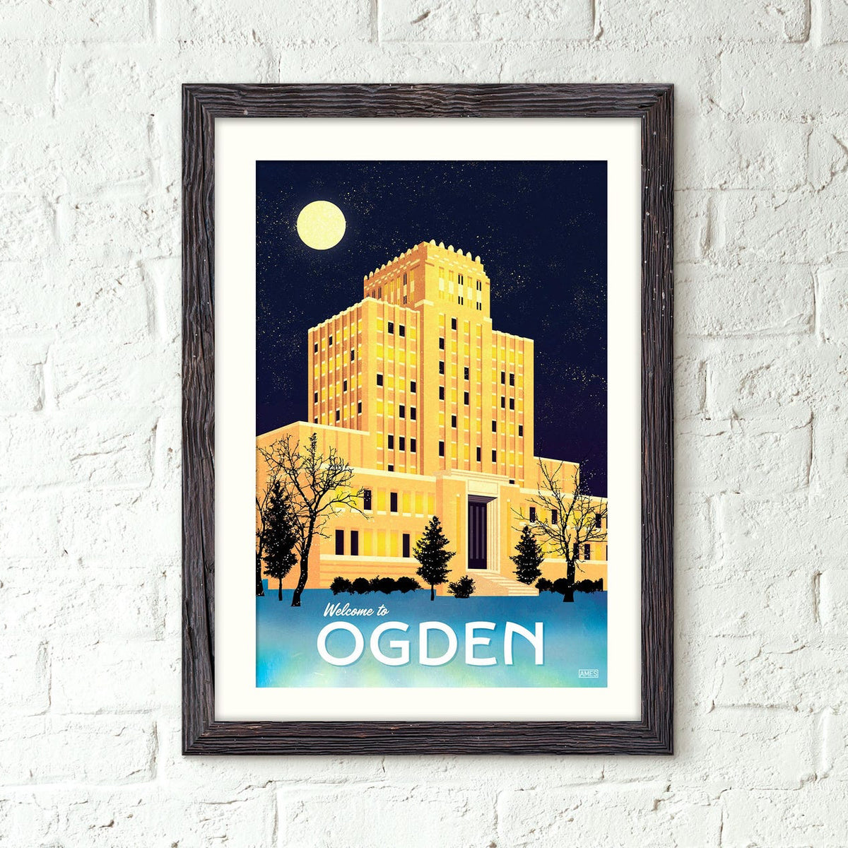 Ilustrated print of a golden building against a dark evening sky with a glowing moon.