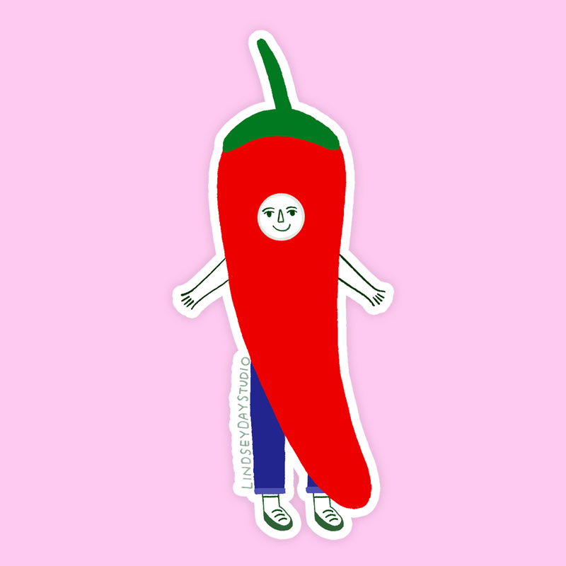 A red chili pepper with a face, arms and legs.