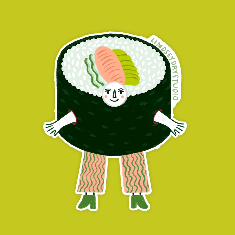 A roll of sushi with a face, arms and legs.