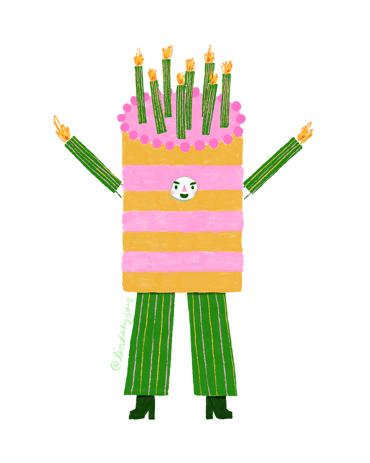 Pink frosted cake with a face arms and legs.