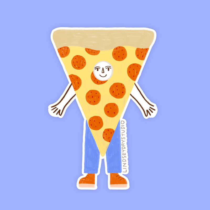 Slice of pepperoni pizza with a face, arms and legs.