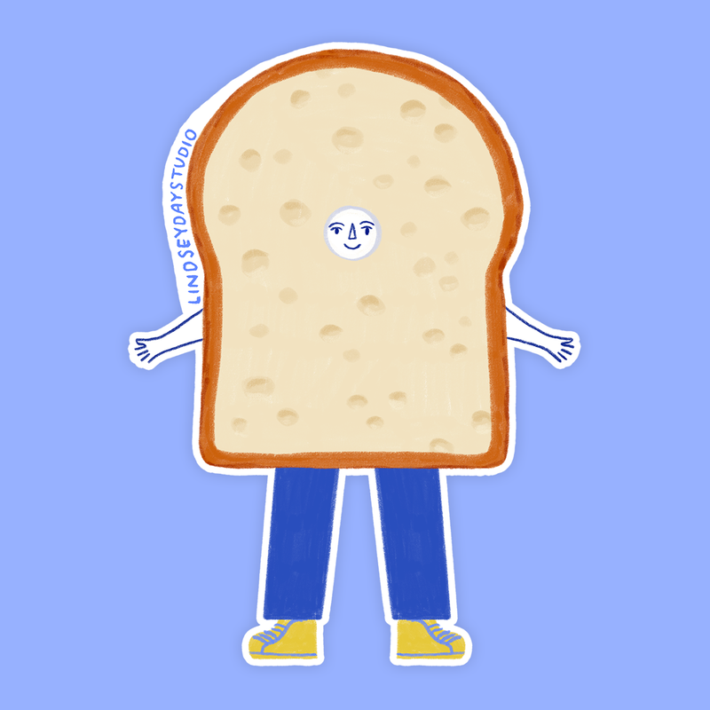 A slice of white bread with a face, arms and legs