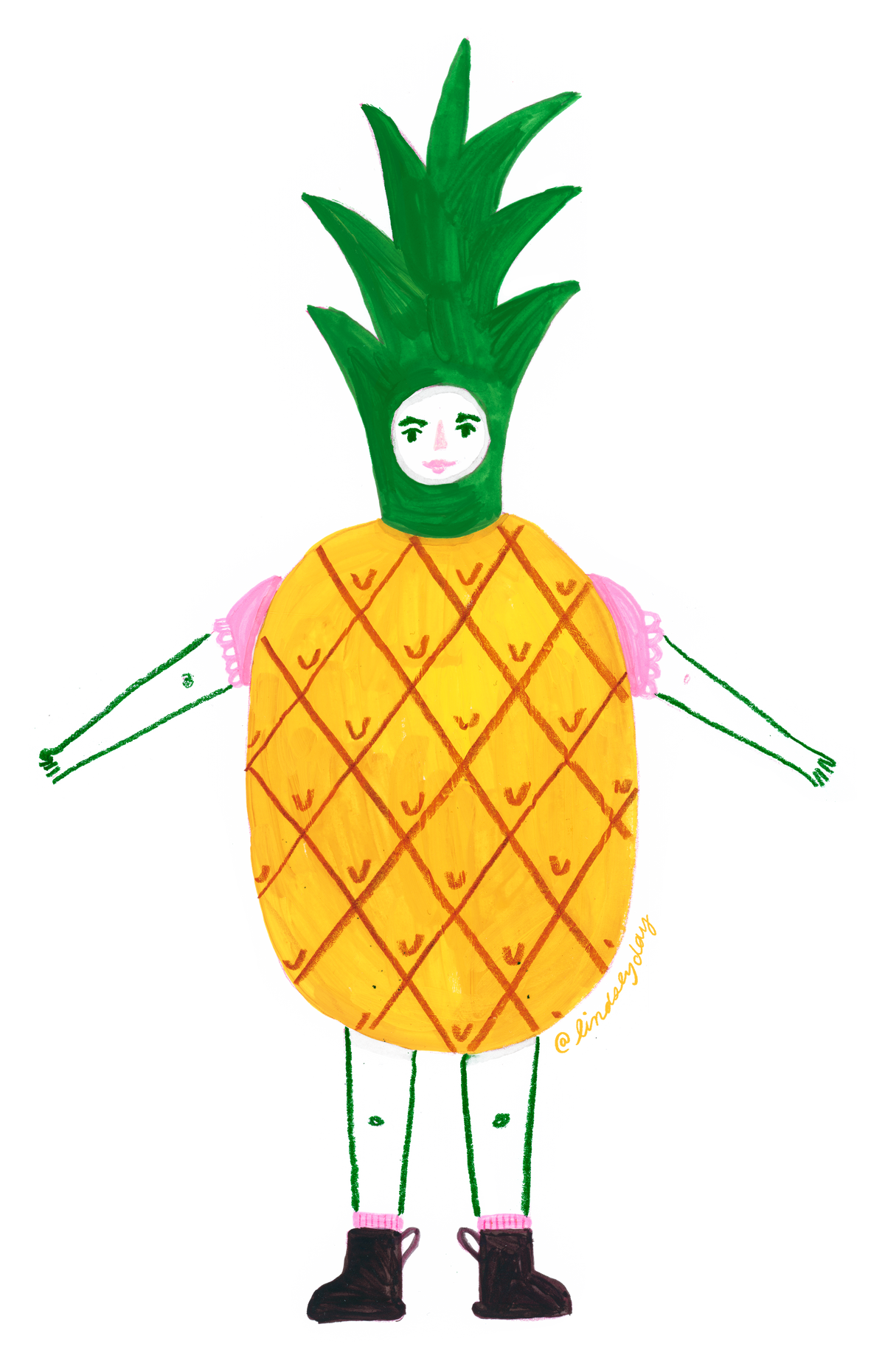 Pineapple with a face, arms and legs.