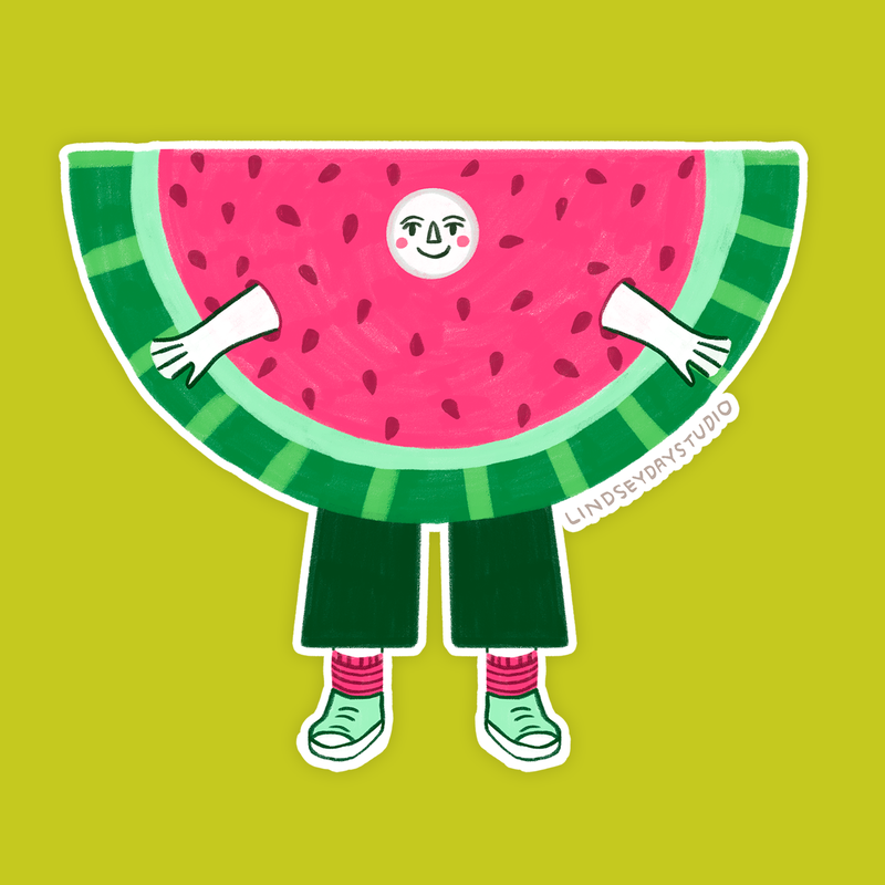 A slice of pink watermelon with a face, arms and legs.