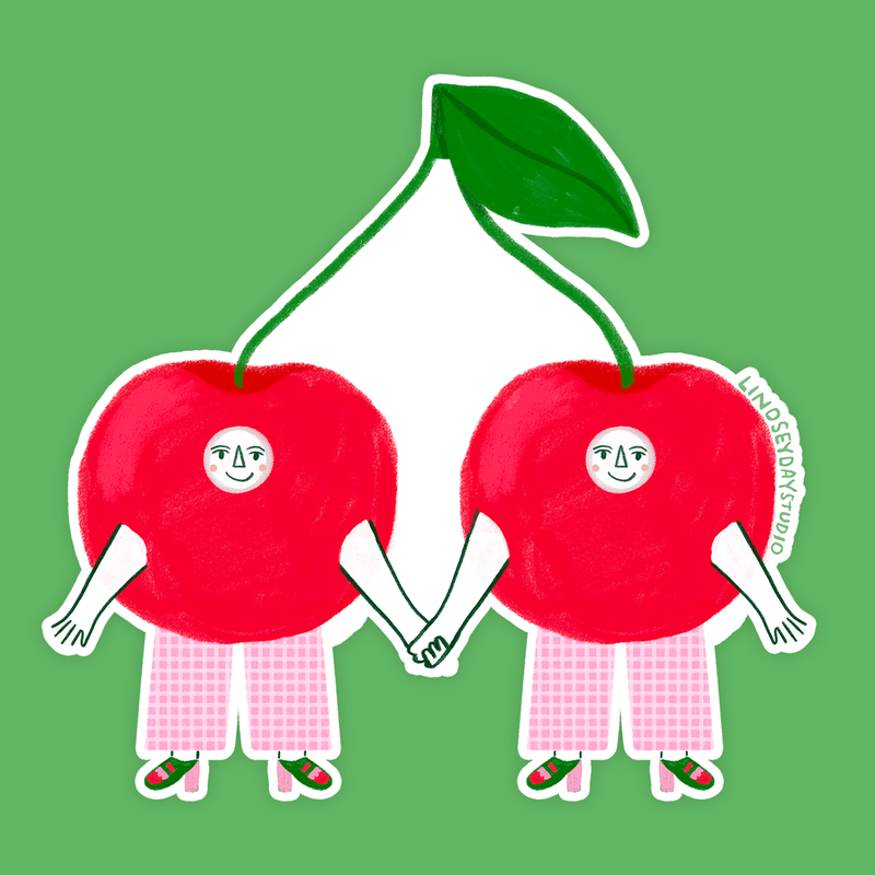 Two cherries connected by a green stem with a little leaf. Both have a face, and arms and legs.