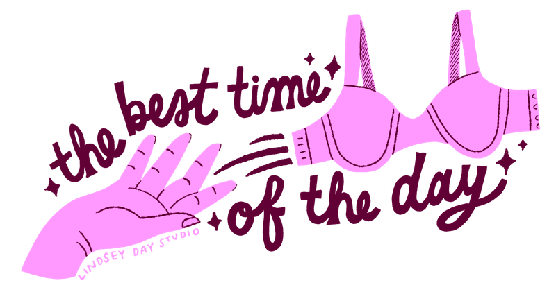 Sticker where a pink bra flies from hand with the words "best time of day".