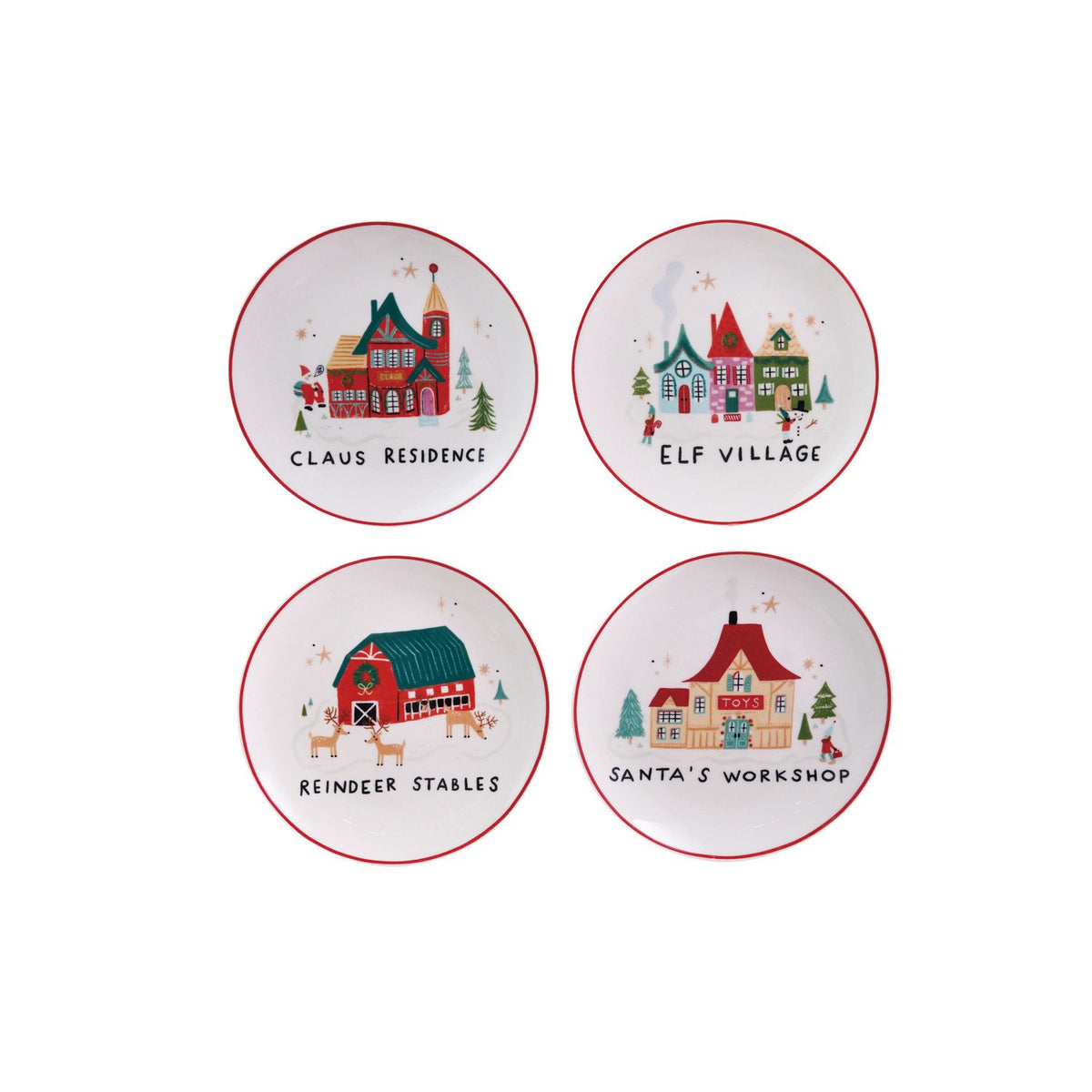 Four Christmas-themed plates with different festive scenes on a white background