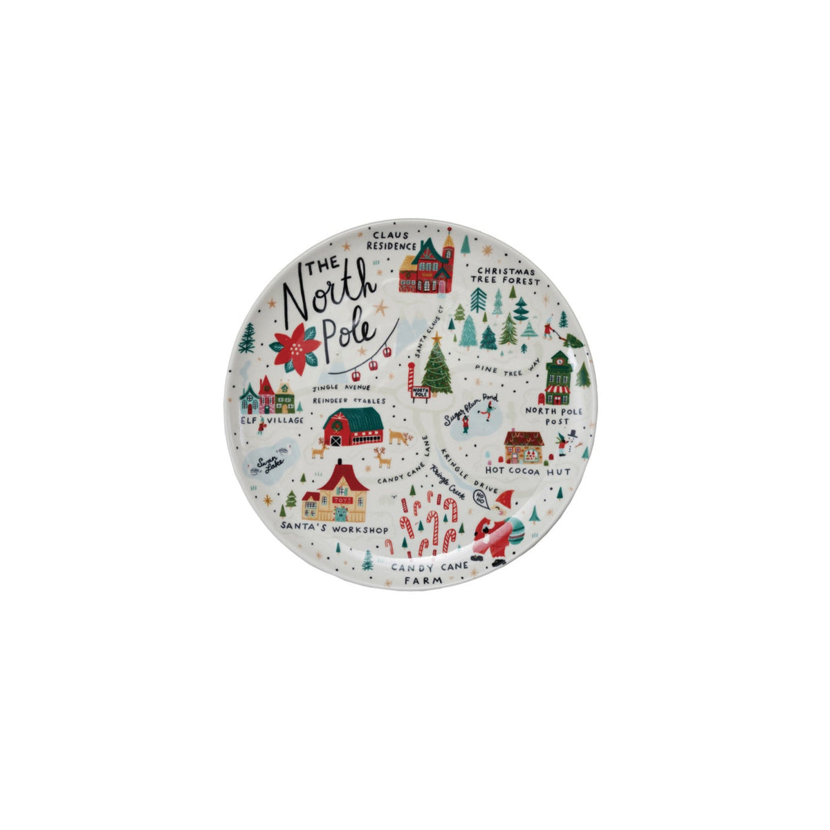 Round plate with Christmas-themed design featuring the North Pole and Santa's workshop on a white background.