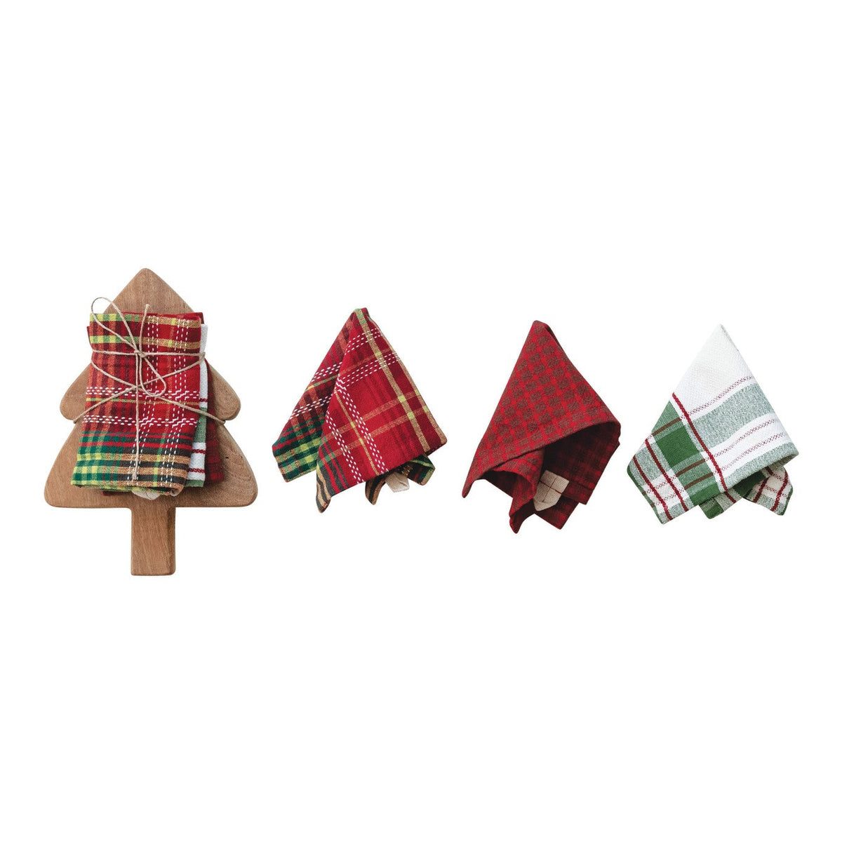 Woven Dish Cloths & Tree Shaped Board, Set of 4 Tied with Jute