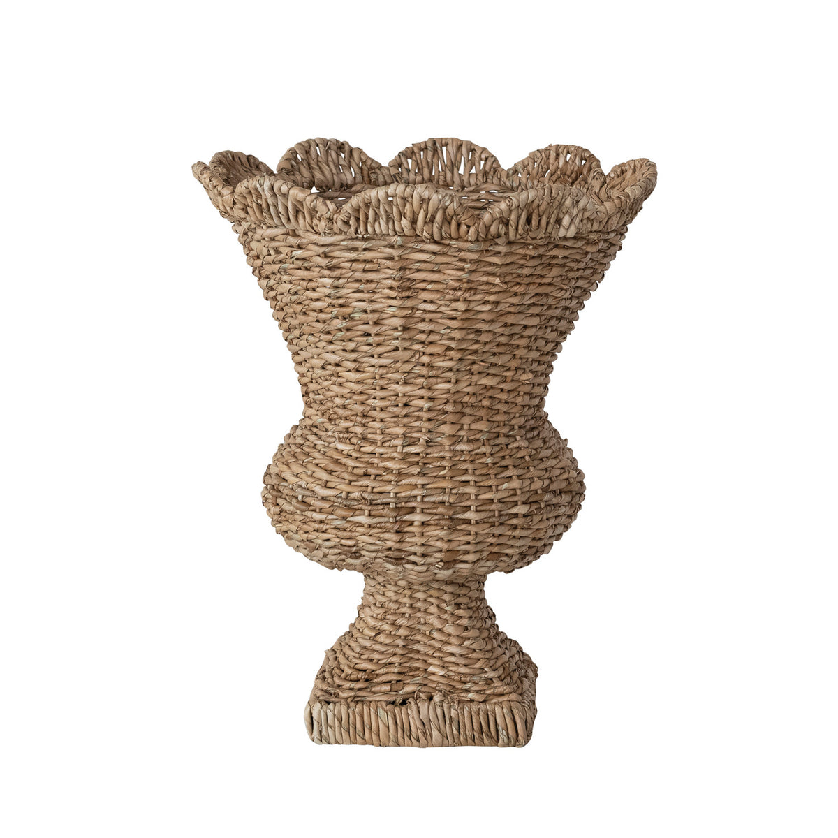 Hand-Woven Rattan Scalloped Urn. Bring a touch of organic warmth and artisanal charm into your home with this beautiful Hand-Woven Rattan Scalloped Urn. Masterfully crafted from natural rattan, its detailed woven texture and elegant scalloped rim create a gentle, inviting silhouette that feels both timeless and modern. Perfect for displaying dried botanicals or standing beautifully on its own, this decorative storage piece adds a soft, rustic elegance to any space, making your home feel even more cozy and w