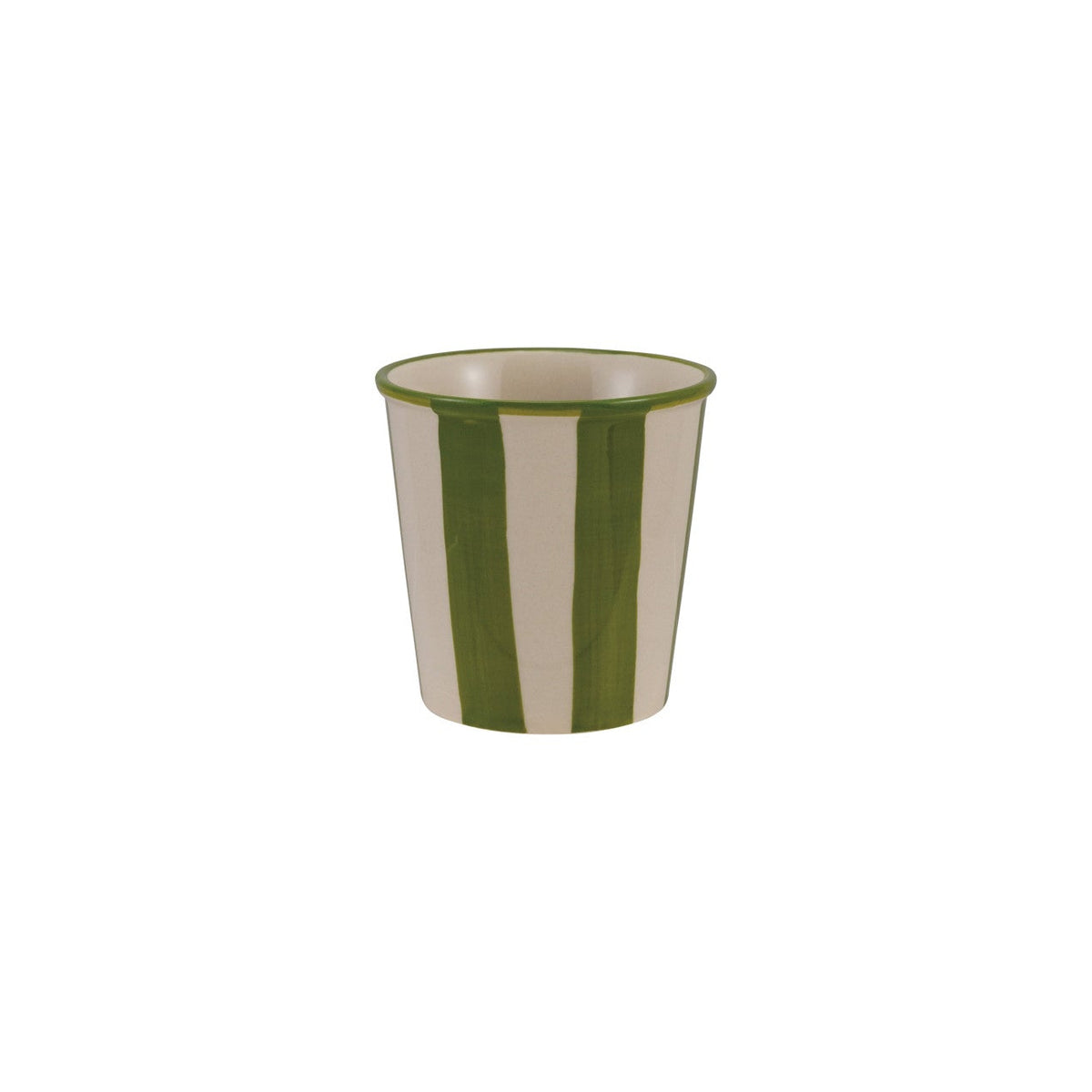 Hand-Painted Green Striped Stoneware Cup - 6 oz. Bring cozy warmth and festive style to your everyday routine with this 6 oz. hand-painted stoneware cup. Featuring charming green and white stripes, it offers a cozy, handmade feel that is perfect for enjoying espresso, warm spiced drinks, or a sweet holiday treat.