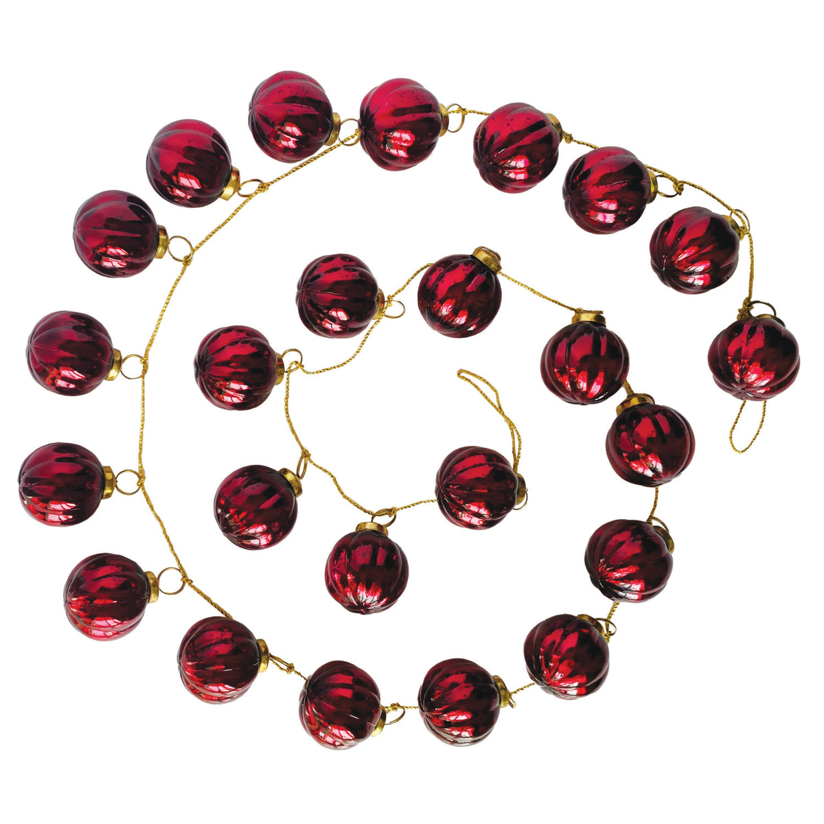 Embossed Mercury Glass Ornament Garland - Burgundy. Add a touch of rich, festive warmth to your home with our Embossed Mercury Glass Ornament Garland in Burgundy. Strung on an elegant gold cord, these recycled glass ornaments feature detailed embossing that beautifully catches the holiday light, bringing a timeless and cozy charm to your mantel, tree, or doorway.