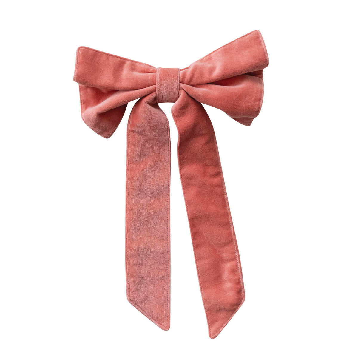 Velvet Clip-on Bow - Coral. Add a touch of delightful color and cozy charm to your holiday decor with our Velvet Clip-on Bow in Coral. Crafted from soft cotton velvet, this lovely accent brings a warm, welcoming pop of color to your Christmas tree, garlands, or festive displays. Featuring a convenient clip on the back, it effortlessly enhances your holiday decorating, making it simple to create a beautiful and joyful home for the season.