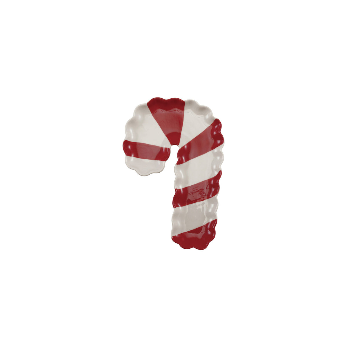 Scalloped Stoneware Candy Cane Dish. Add a sweet touch of festive cheer to your holiday gatherings with our Scalloped Stoneware Candy Cane Dish. Crafted in a classic red and white striped candy cane shape with delicate scalloped edges, this charming piece brings warmth and joy to any table. Perfect for serving seasonal treats, candies, or small bites, it is a delight to share with family and friends all season long.
