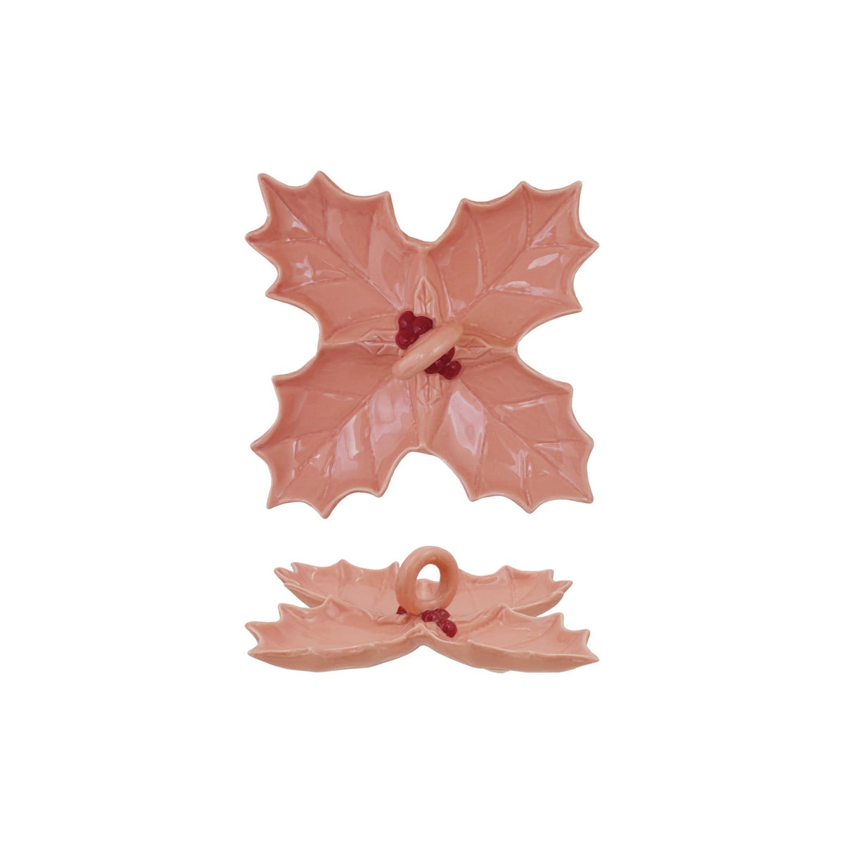 Ceramic Holly Leaf Dish - Pink. Add a touch of festive warmth and sweet holiday charm to your gatherings with our Ceramic Holly Leaf Dish in Pink. Featuring four convenient sections and a helpful center handle, this lovely piece makes serving snacks, treats, or candies effortless and inviting for family and friends.