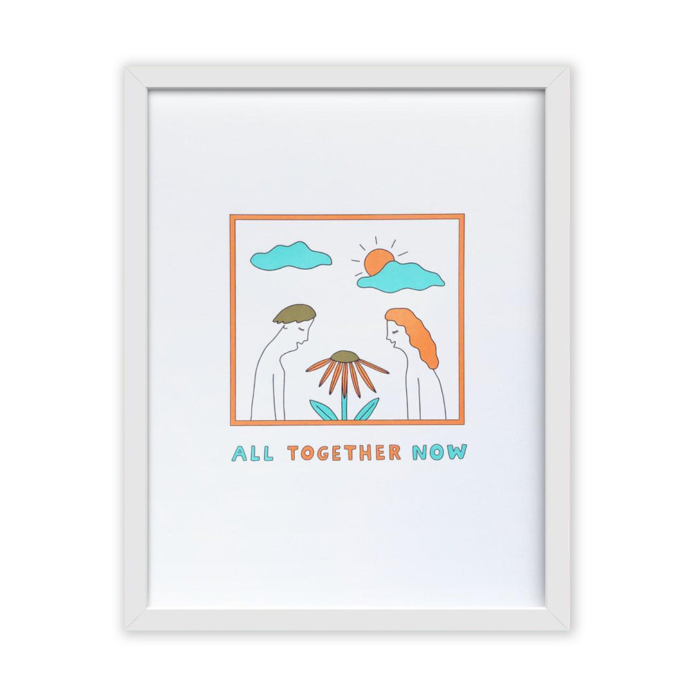All Together Now Letterpress Art Print. Size 8 x 10. Man & Woman looking at a flower with blue clouds & orange sun.