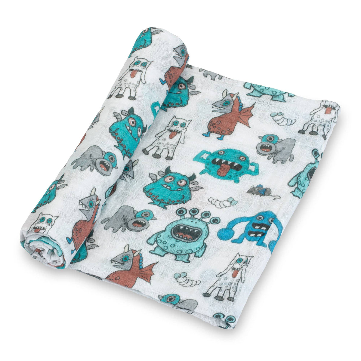 Folded blanket with cartoon monster pattern on a white background