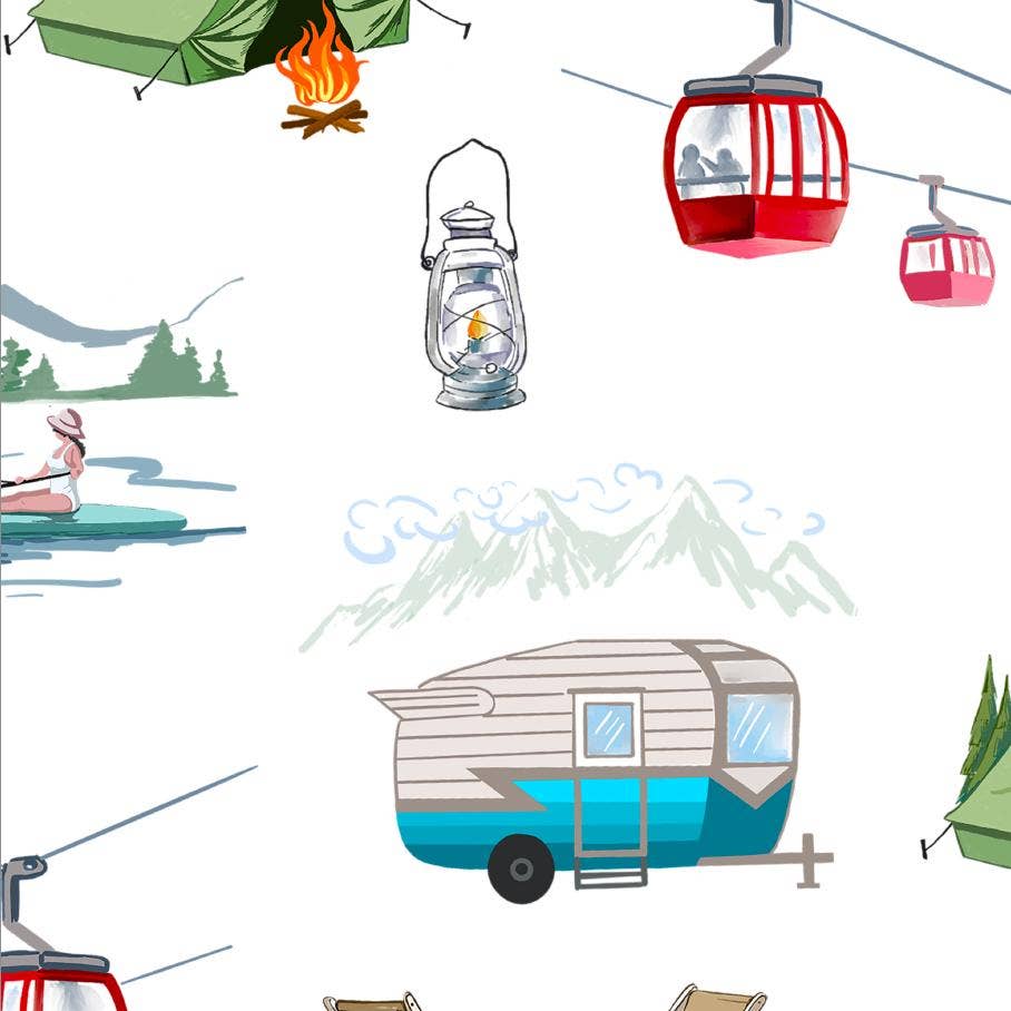 Illustrations of a camper, mountains, trees, and a campfire on a white background