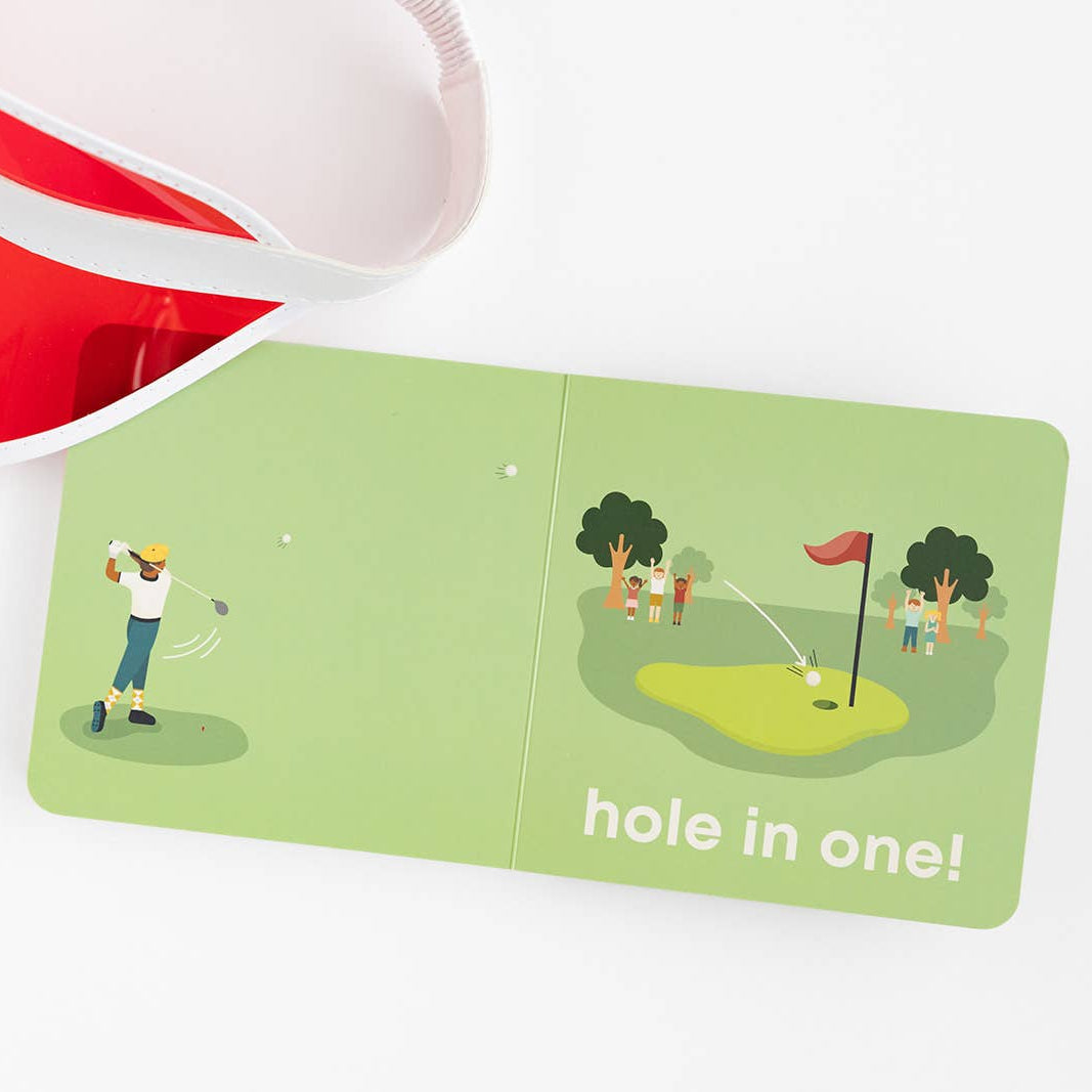 Golf-themed card with a cartoon illustration of a golfer and a hole in one text on a green background.