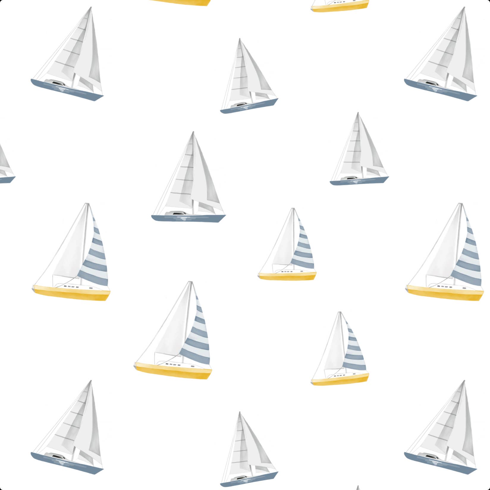 Pattern of sailboats with striped sails on a white background