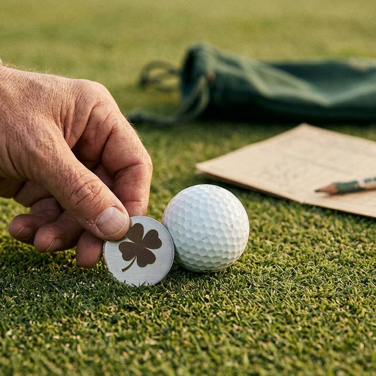 Hand placing a clover marker on a golf ball on grass