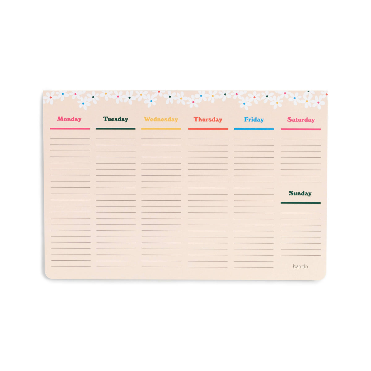 A weekly planner notepad with lined writing space for each day of the week, featuring a light peach background, colorful day headers, and a confetti border at the top.