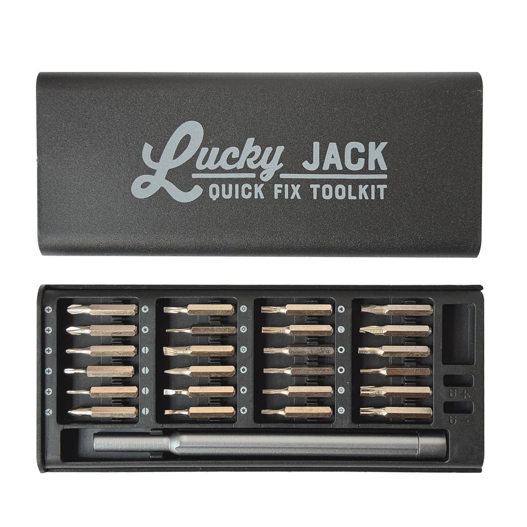 Lucky Jack quick fix toolkit with multiple drill bits on a white background