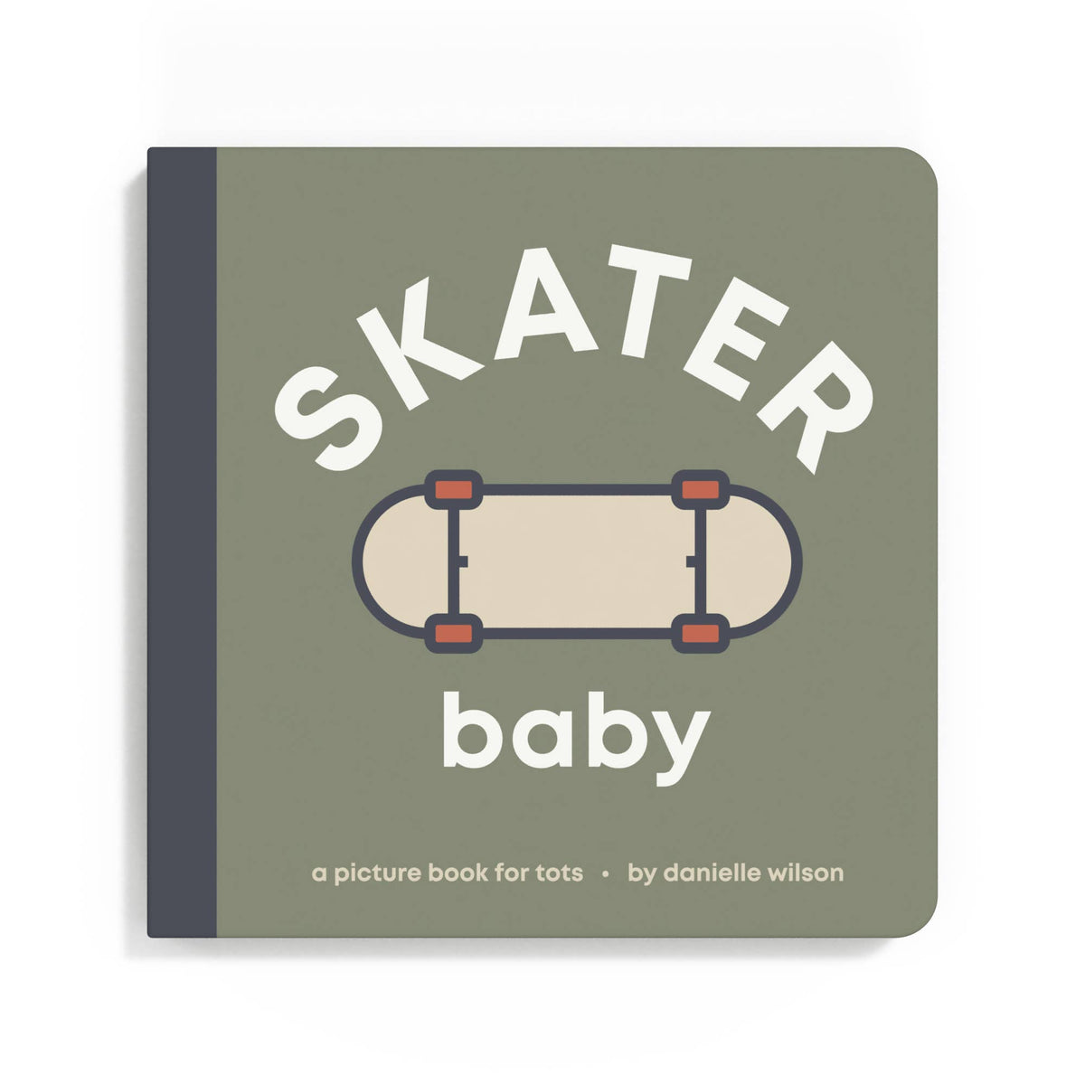 Book titled 'Skater Baby' with a skateboard graphic on a green background