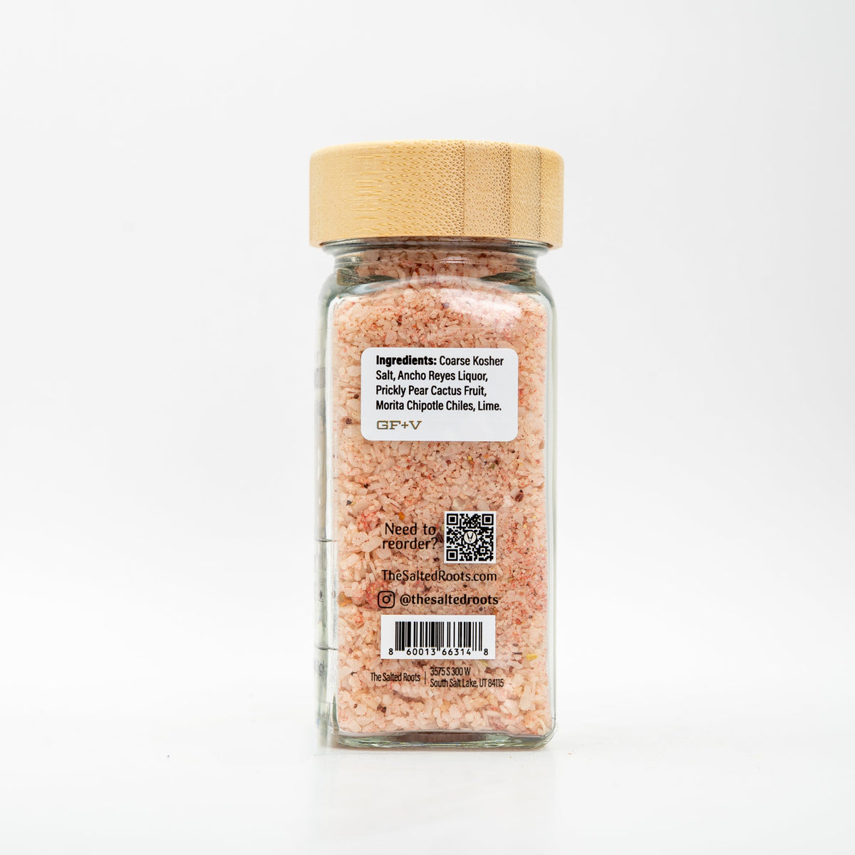Back view of salt jar with labels. 