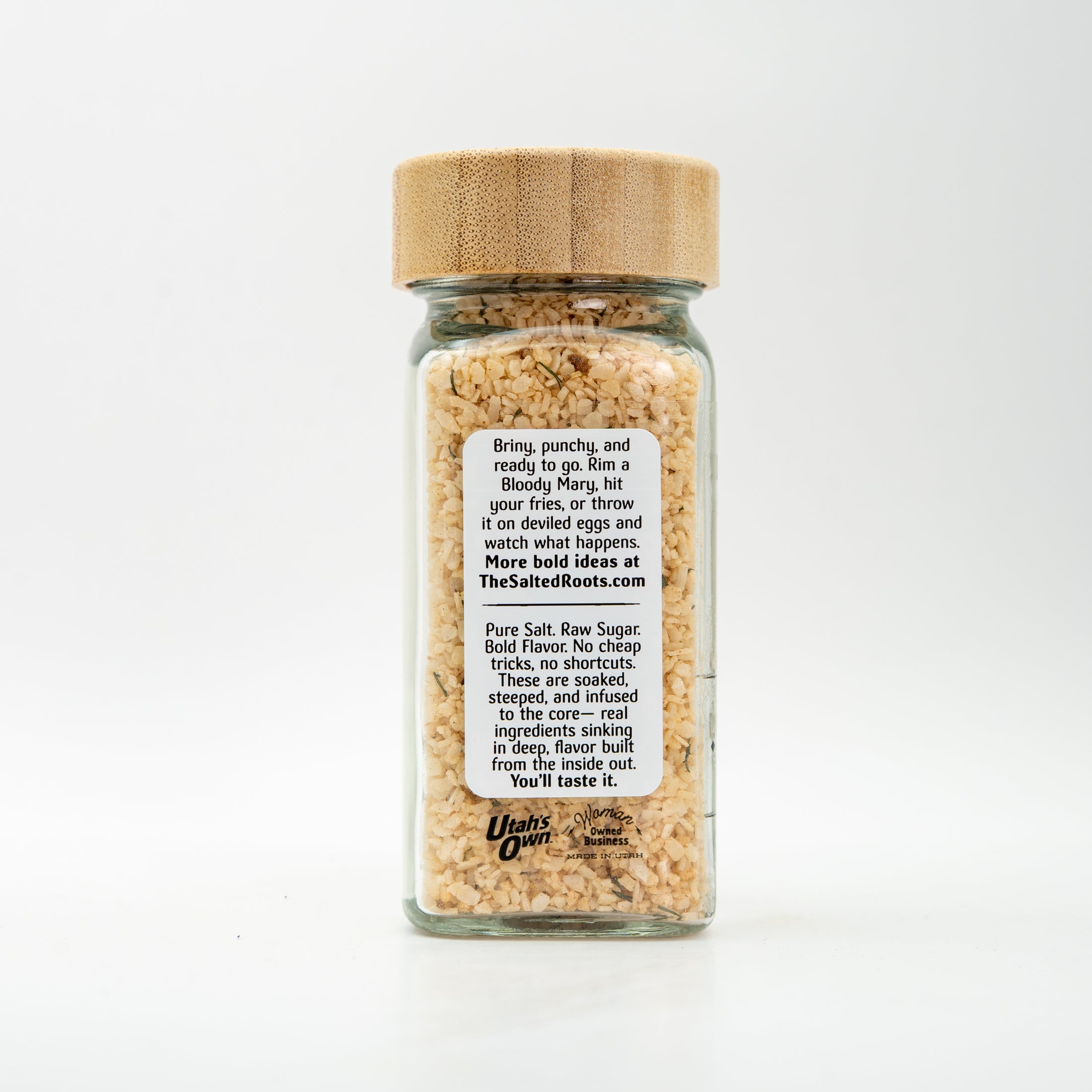 Back view of salt jar with labels. 