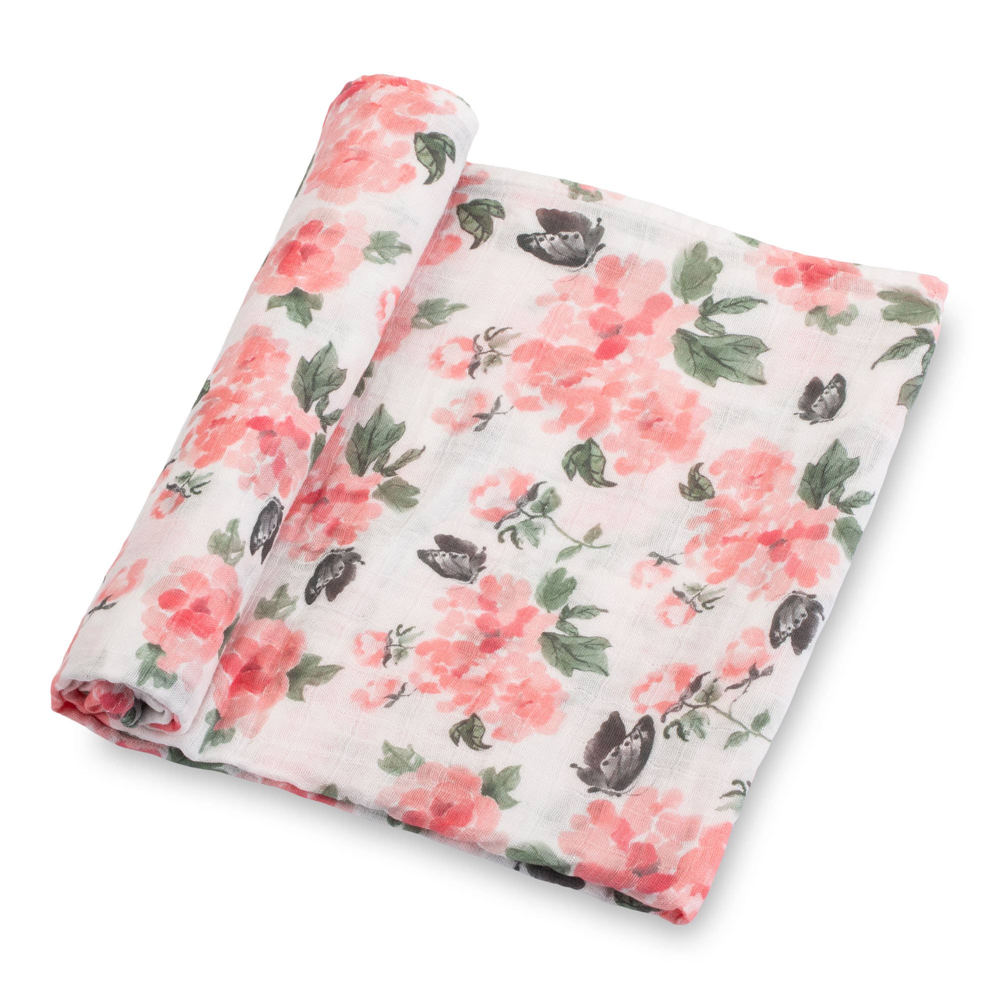 Floral patterned blanket with pink flowers and green leaves on a white background
