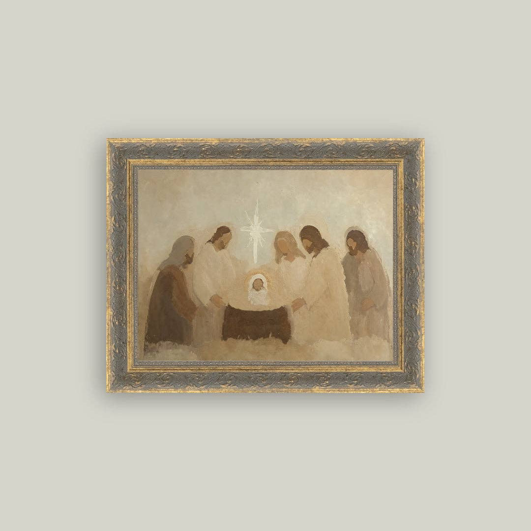 Timeless nativity scene rendered in warm, muted tones and printed on premium canvas fabric. This 8x10 framed piece features a handcrafted ornate frame that brings classic charm to any holiday décor or year-round display. The glass-free design keeps the artwork lightweight while preserving the authentic texture of the canvas.