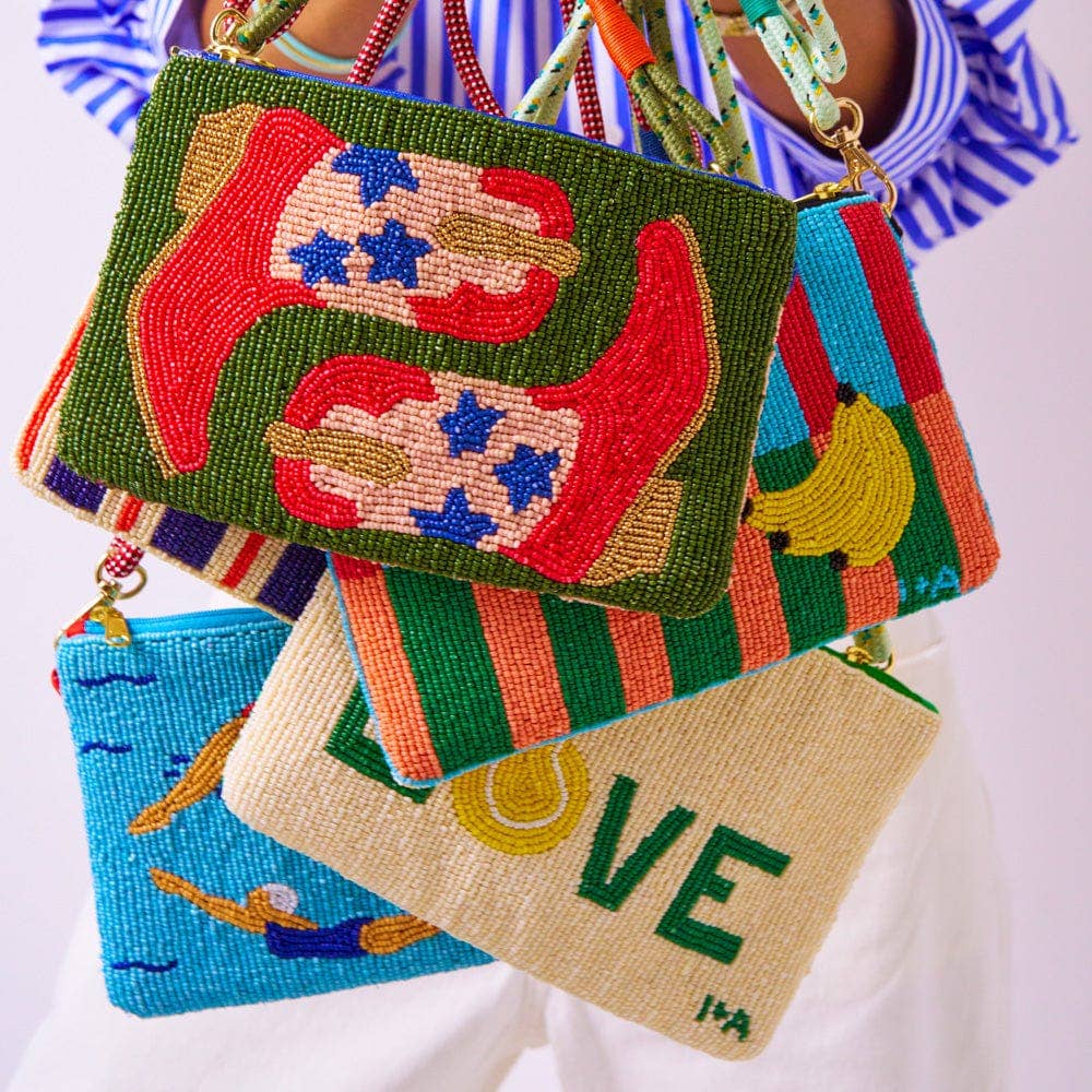 Leila Red Boots Seed Bead Clutch With Strap
