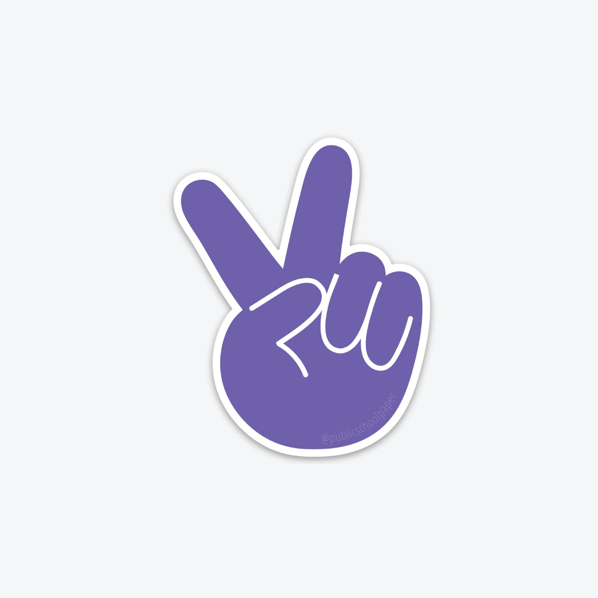 A purple sticker in the shape of a hand making a peace sign.