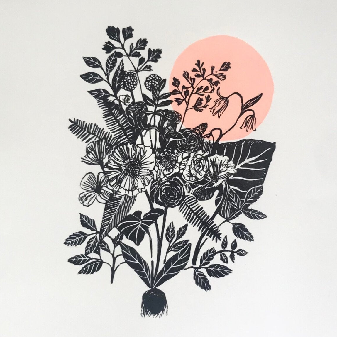 hand carved and pressed black and white 11x14 floral print with a pink circle