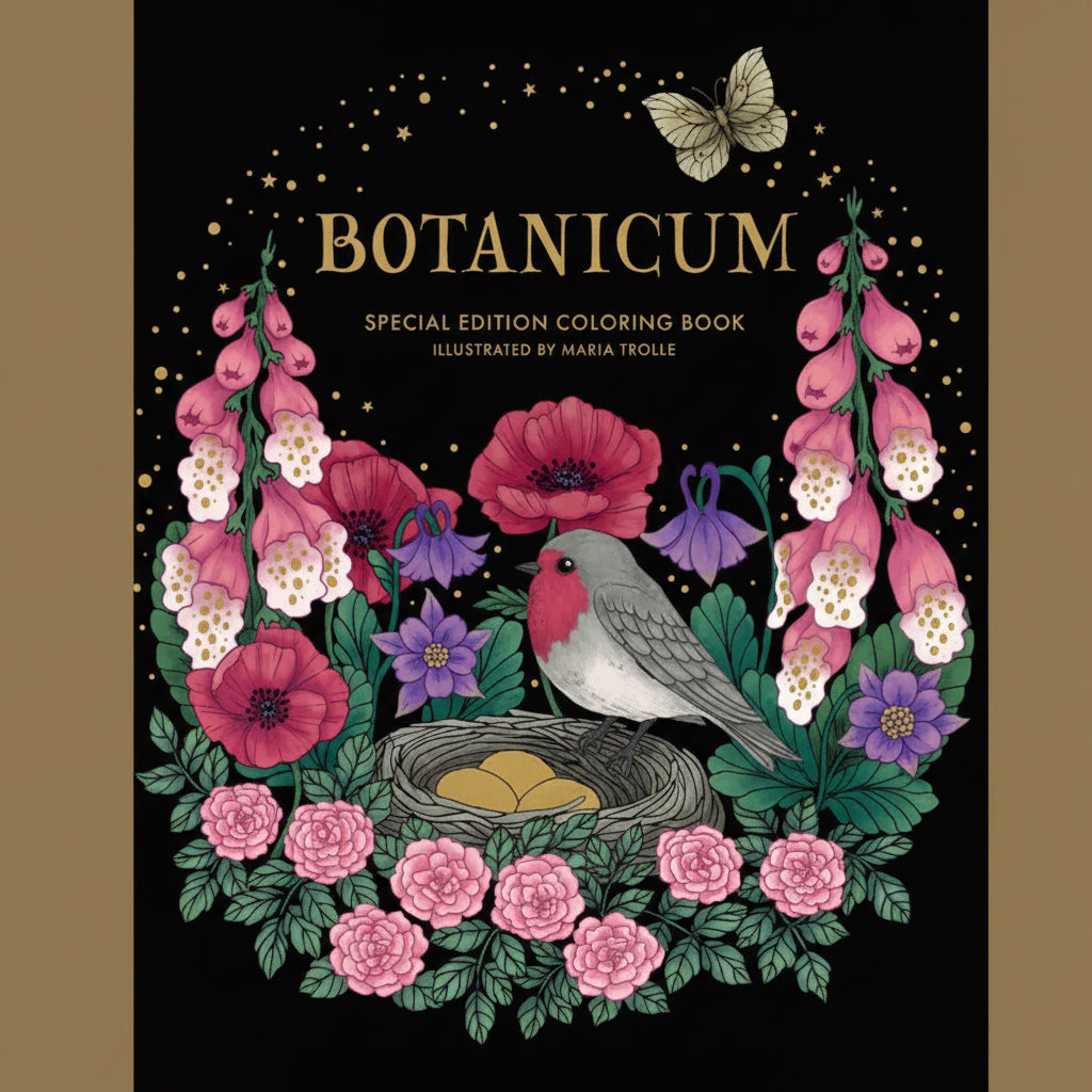 Embark on a floral adventure in this garden of botanicals and beyond: Venture into a meadow filled with spring flowers, a cool summer lake, an autumn harvest, and winters first snow. Meet the birds, people, and animals who live together in this fairytale land in harmony with nature.

Calm your mind as you color the seasons’ most beautiful plants. In this book you will also find a register of plants, birds, and butterflies found in the book. Features two new illustrations for each season, for eight new pages
