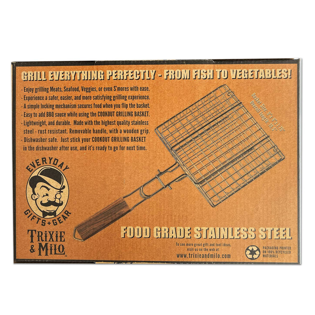 Grilling basket with branding and product details on a brown background
