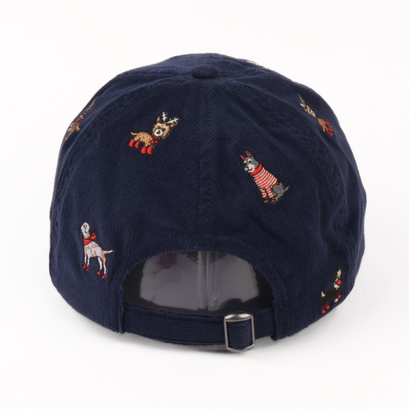 Christmas Dogs all over Embroidered Corduroy Cap - navy