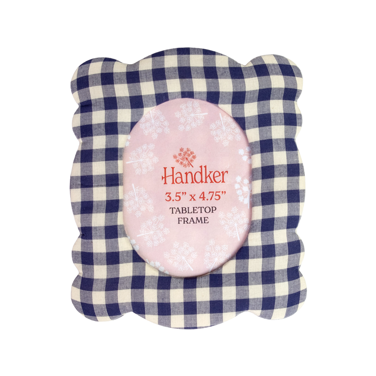 A scalloped gingham picture frame with a navy blue and cream checkered pattern, featuring a pink oval insert with white snowflakes and the brand name Handker.