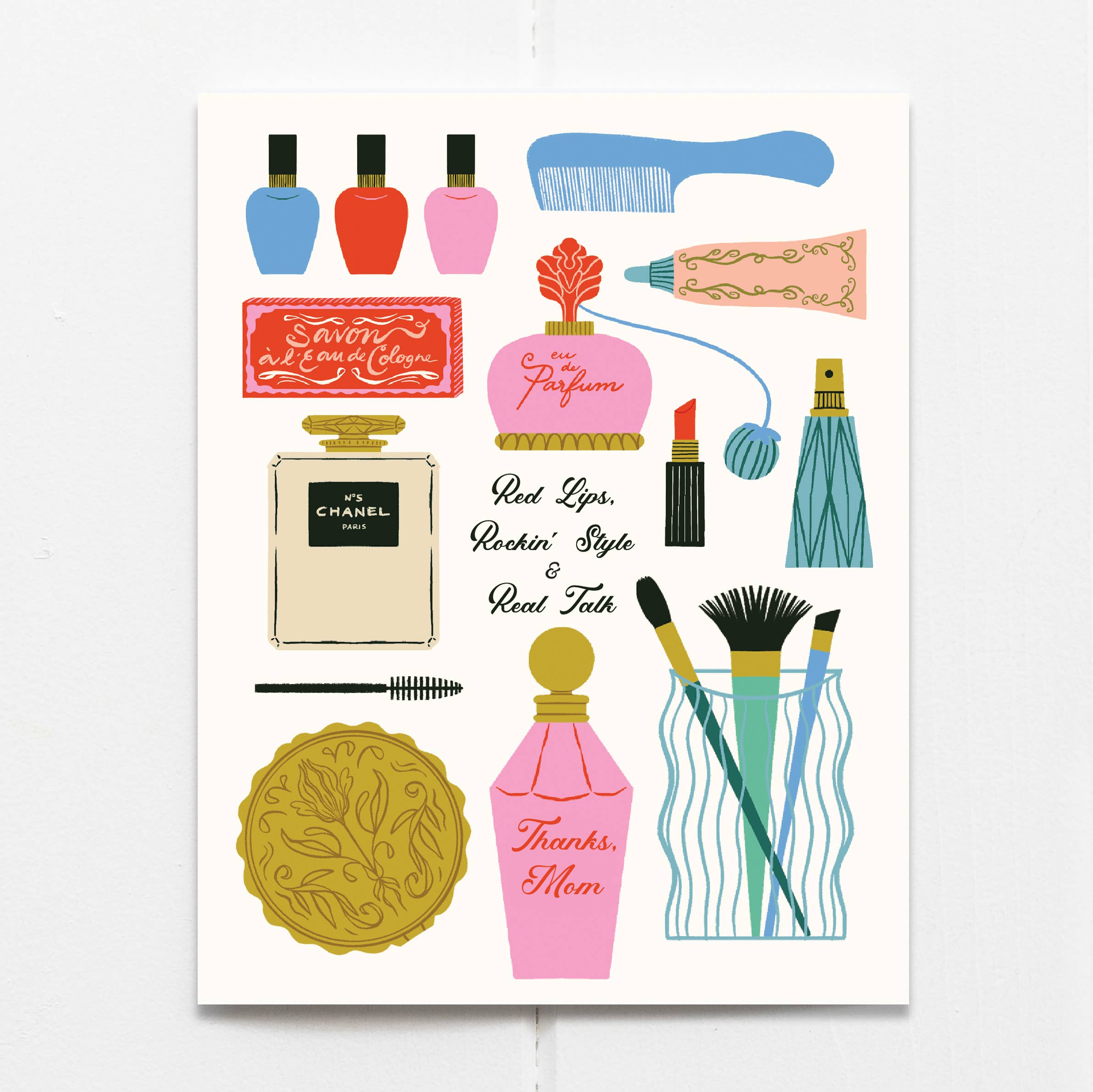 Illustrated beauty products including perfume bottles, makeup items, and text on a white background
