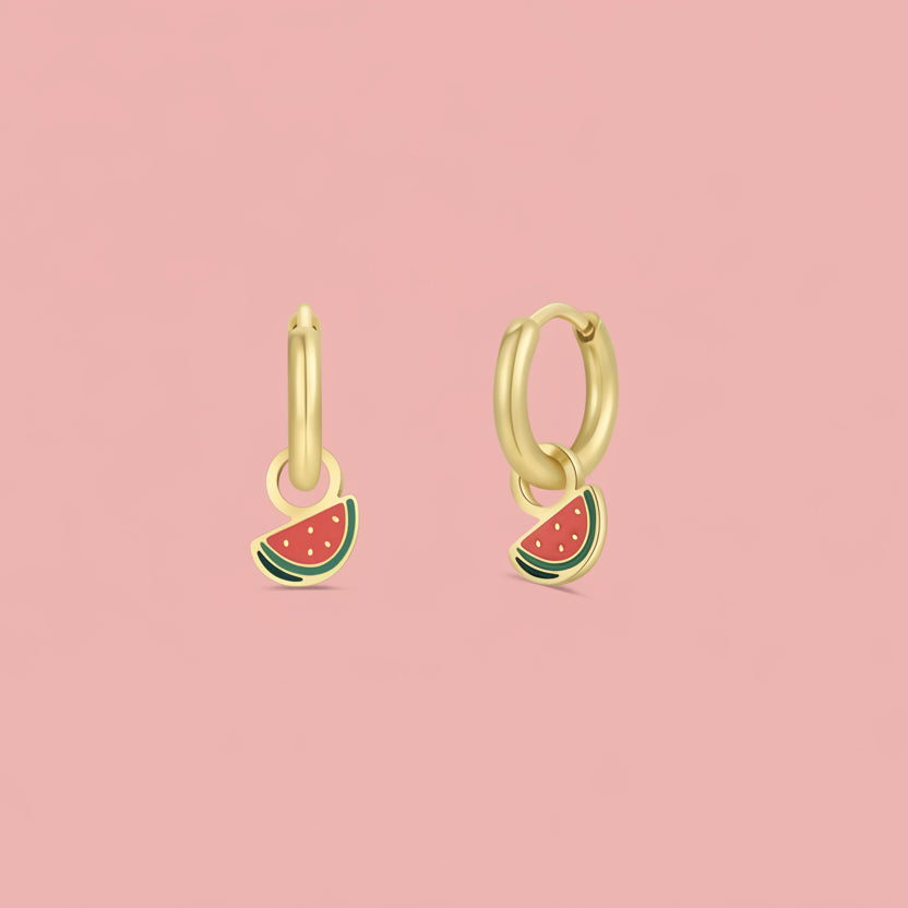 High-quality, hypoallergenic earrings are made for kids with sensitive ears and can be worn 24/7. Designed for kids but cute enough for grown-ups too!

Details:

Waterproof and can be worn in the pool and bath
Surgical grade stainless steel
18K gold plated
Lead, copper &amp; nickel free
8mm Enamel charm
8mm hoop