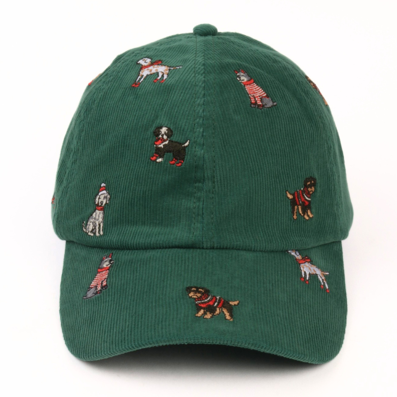 Christmas Dogs all over Embroidered Corduroy Cap - green