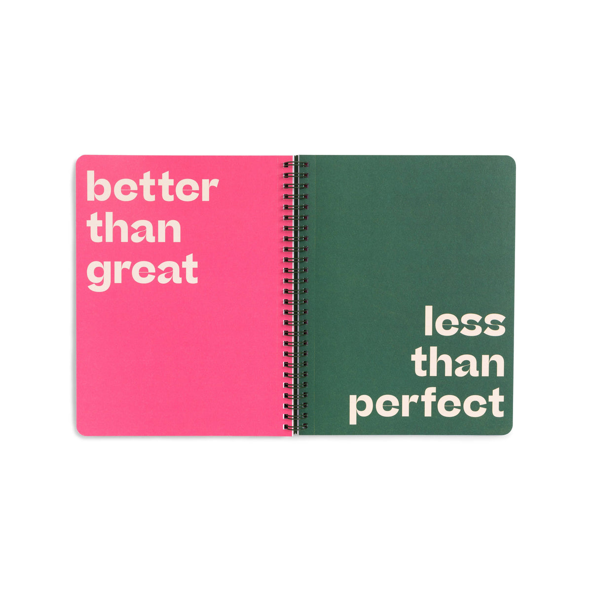 Two spiral-bound notebooks, one pink and one green, with motivational phrases on a white background.