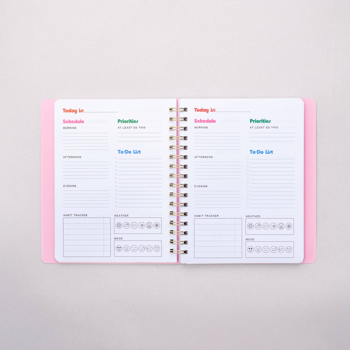 Open planner with pink cover on a light gray background