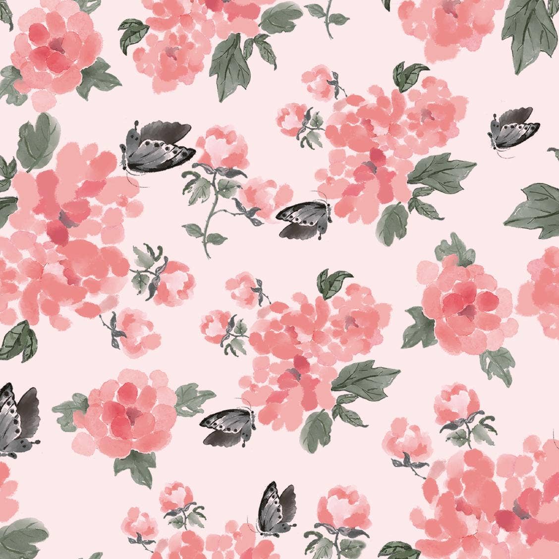 Pattern of pink flowers and green leaves on a light pink background