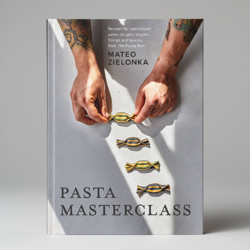 Book cover of 'Pasta Masterclass' by Mateo Zielonka with hands making pasta.