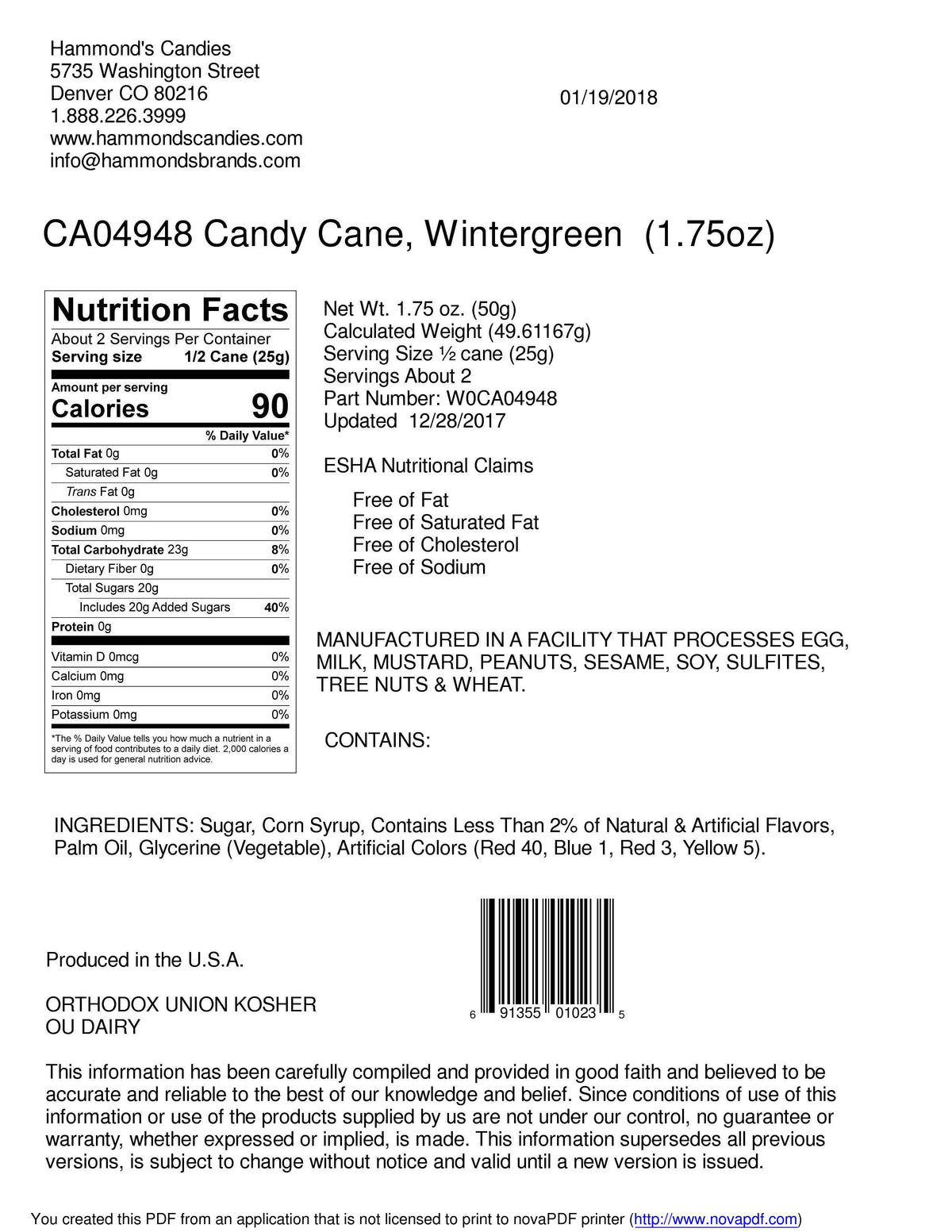 Hand-Spun Jumbo Candy Cane - Spearmint / Wintergreen