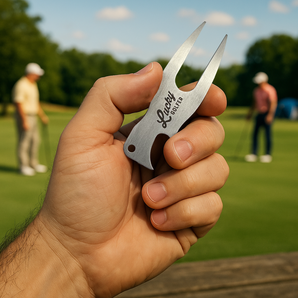 Hand holding a metal golf divot tool with 'Luckey' branding on a golf course background.